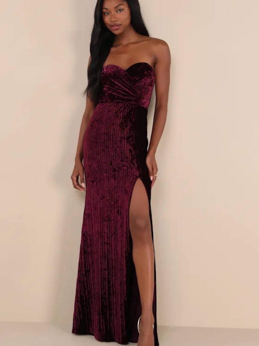 Classy Sensation Plum Velvet Pleated Strapless Maxi Dress